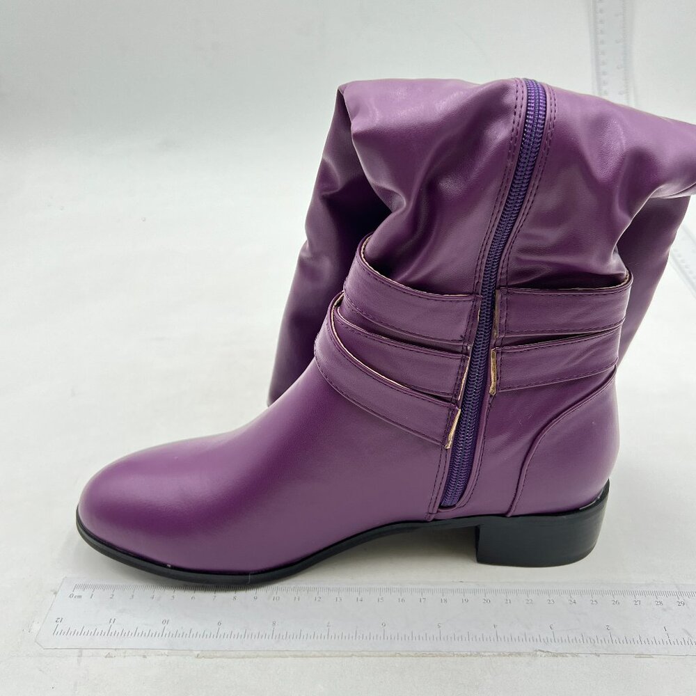 Purple Women Regular Round Toe Wide Calf Buckled Strappy Riding Knee High Boots